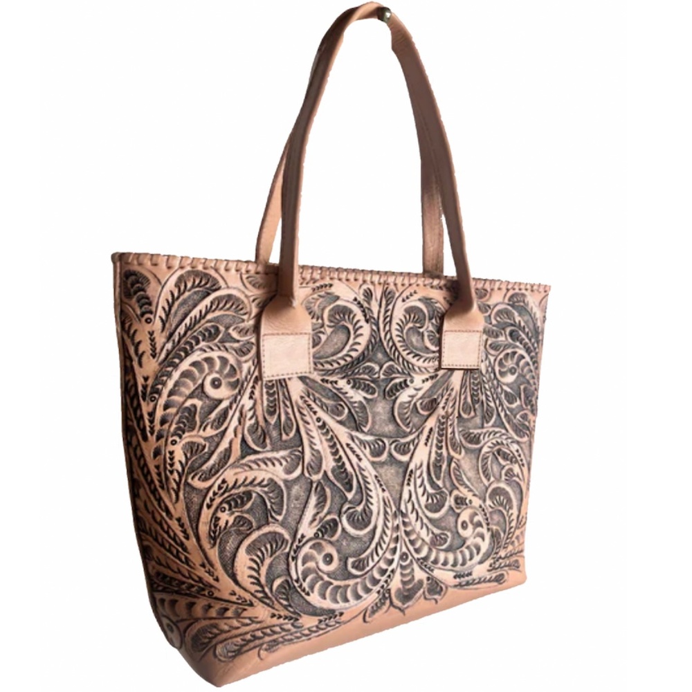 HANDMADE/HAND TOOLED MEXICAN LEATHER TOTE - LT. SALMON - NWOT
